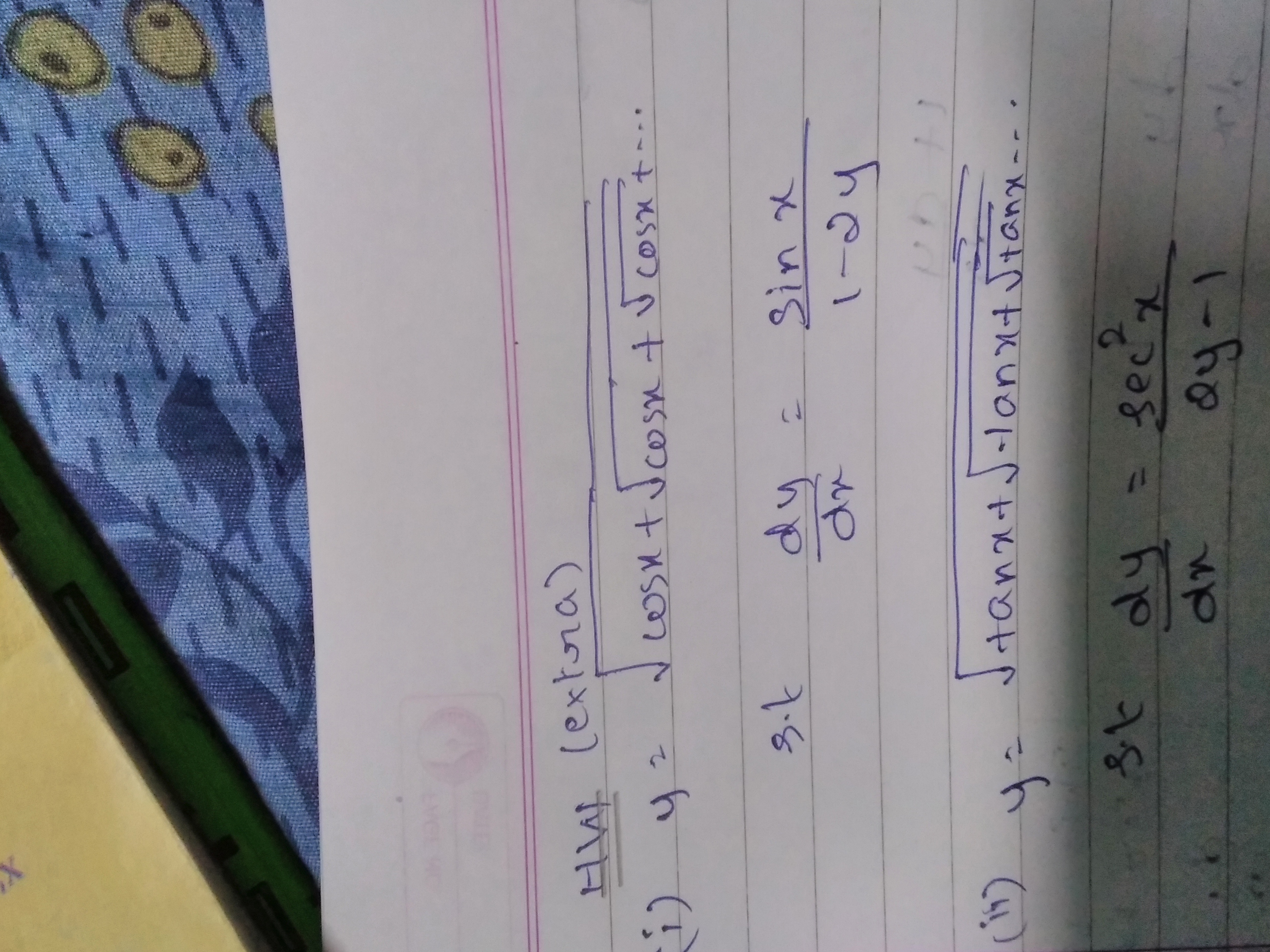 Question image for Plz help me with the 2 qstns. 1)y #√cosx+√cosx+..